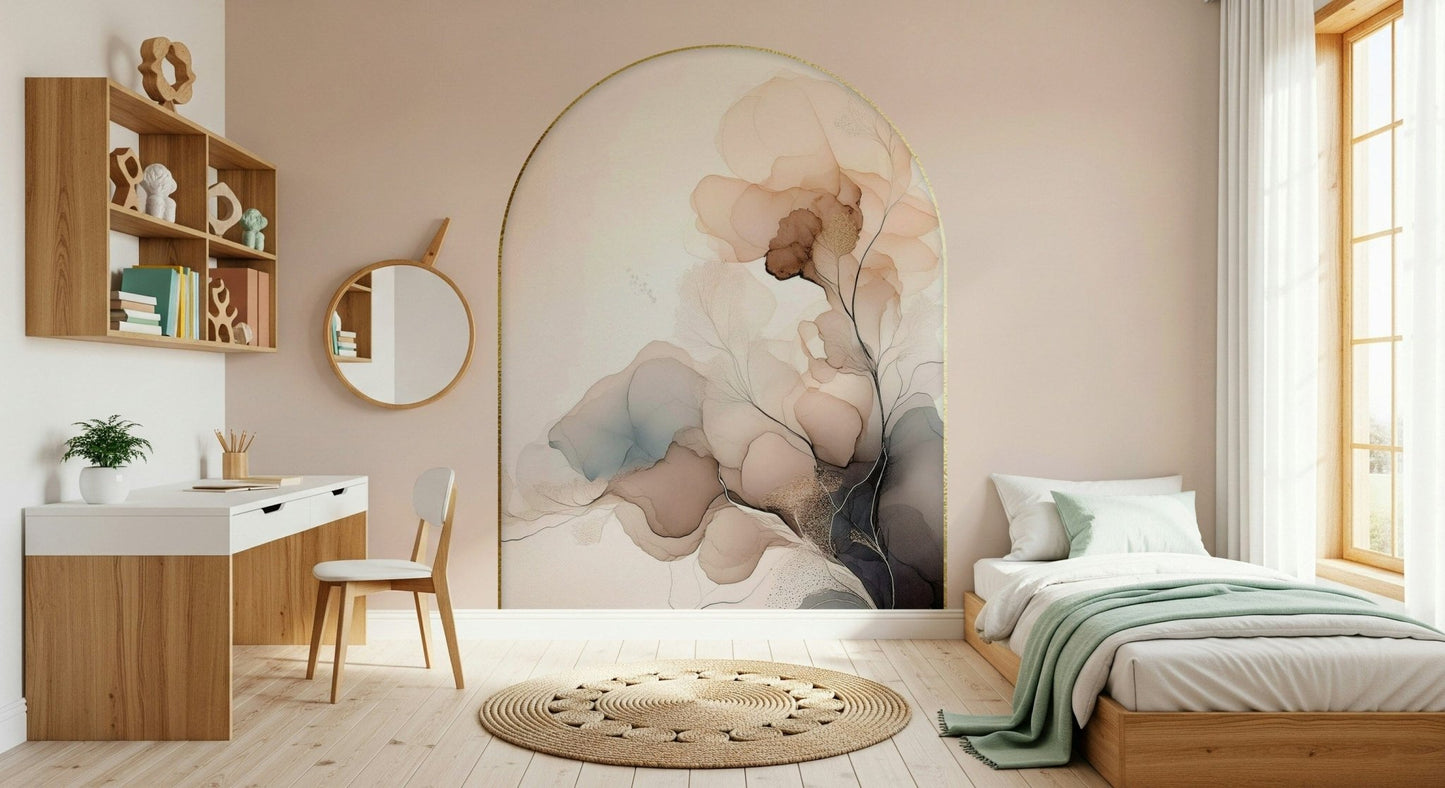 Elegant wall mural with subtle floral patterns and misty pastel tones for a calming interior look.