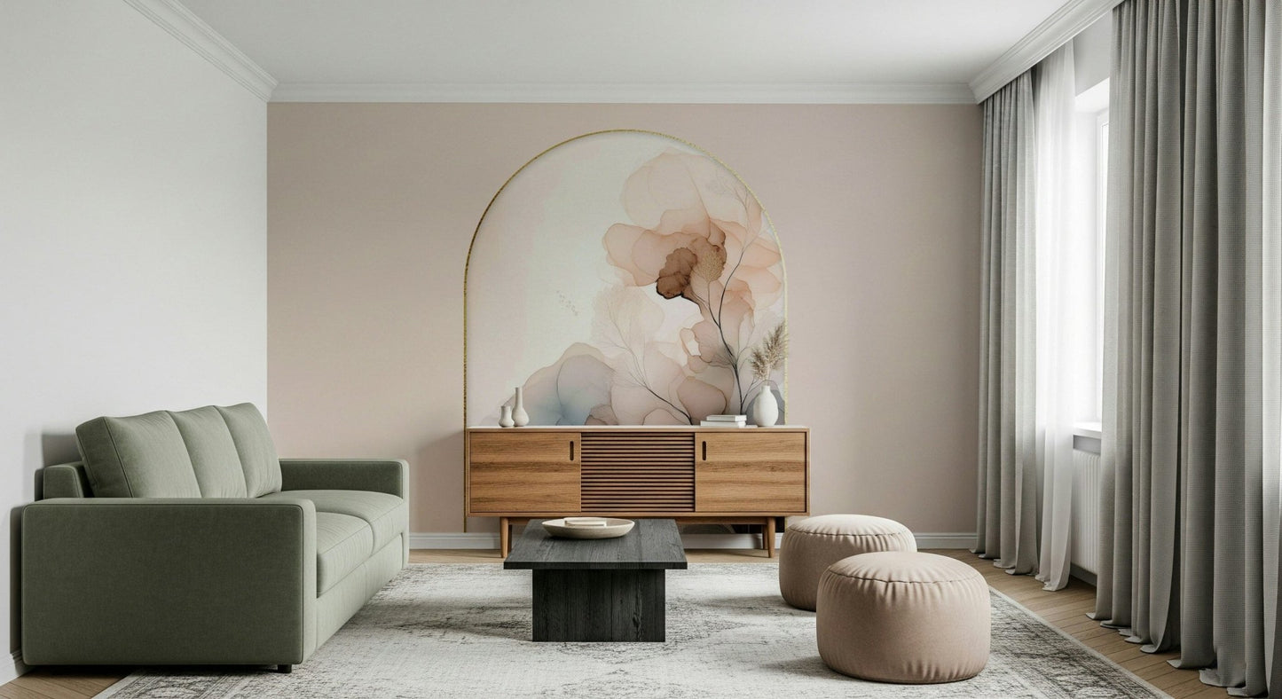 Wall mural with delicate floral designs fading into a misty background for subtle sophistication.