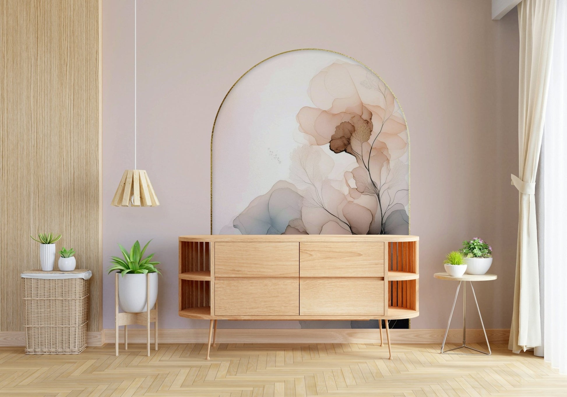Floral Mist wall mural showcasing gentle blooms in soft, muted hues for timeless elegance.