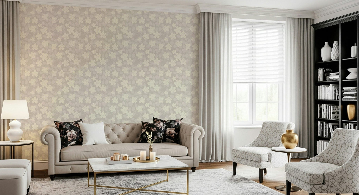 Elegant botanical mural wallpaper provides sophisticated wall decor.