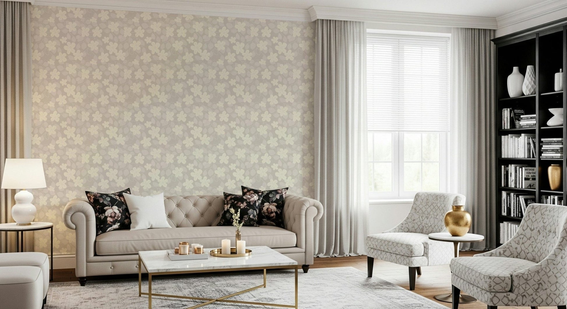 Elegant botanical mural wallpaper provides sophisticated wall decor.