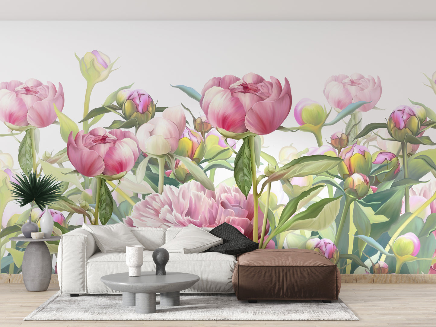 Delicate Peonies wallpaper mural styled along a hallway feature wall near a console in pink tones