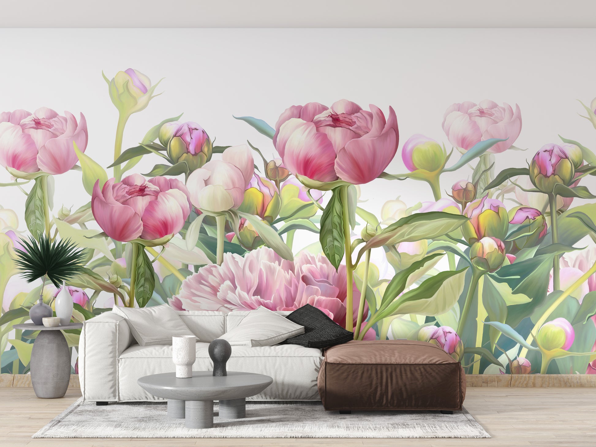 Delicate Peonies wallpaper mural styled along a hallway feature wall near a console in pink tones