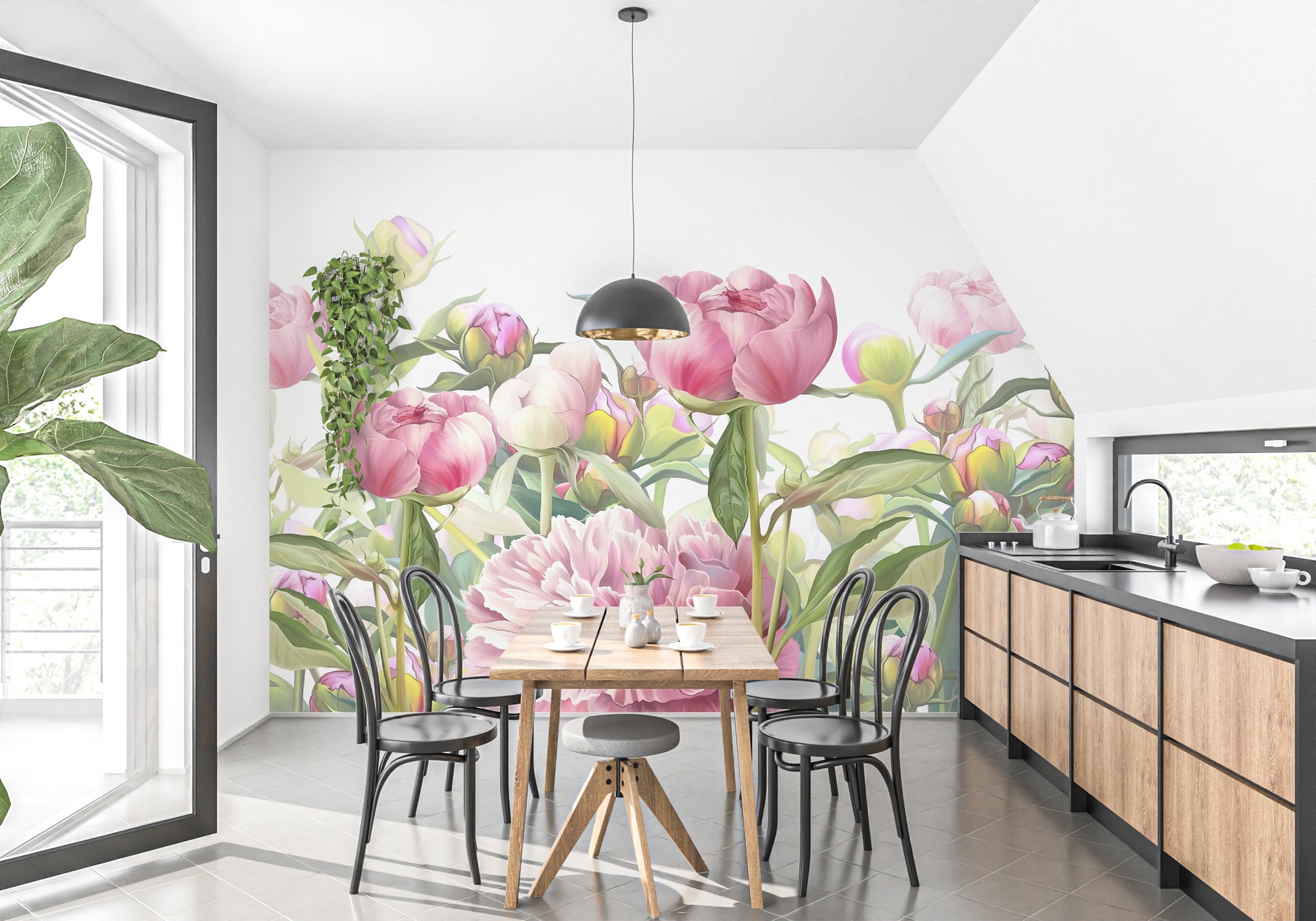 Delicate Peonies wallpaper mural as a feature wall in a home office workspace in pink tones