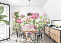 Delicate Peonies wallpaper mural as a feature wall in a home office workspace in pink tones