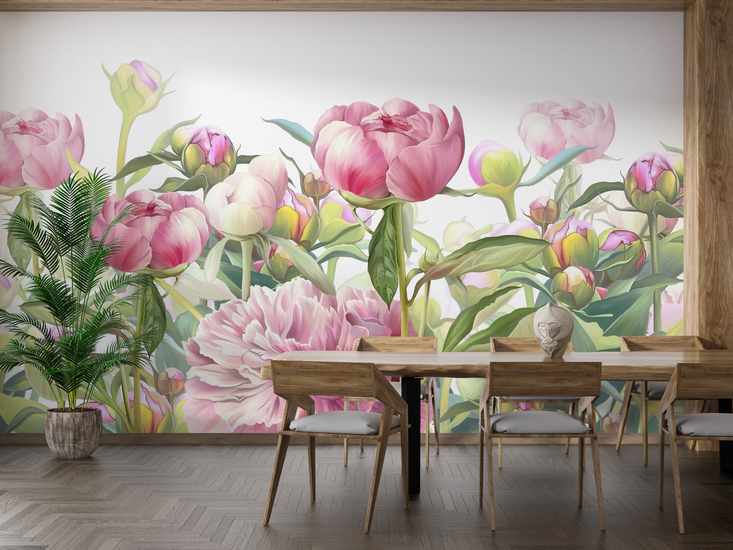 Delicate Peonies wallpaper mural styled as a feature wall behind a dining table and chairs in pink tones
