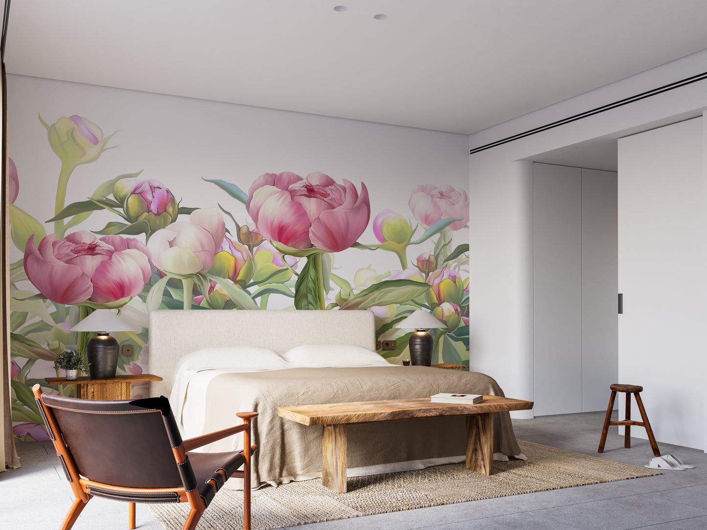 Delicate Peonies wallpaper mural as a bedroom feature wall behind the headboard in pink tones