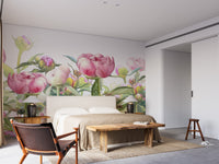 Delicate Peonies wallpaper mural as a bedroom feature wall behind the headboard in pink tones