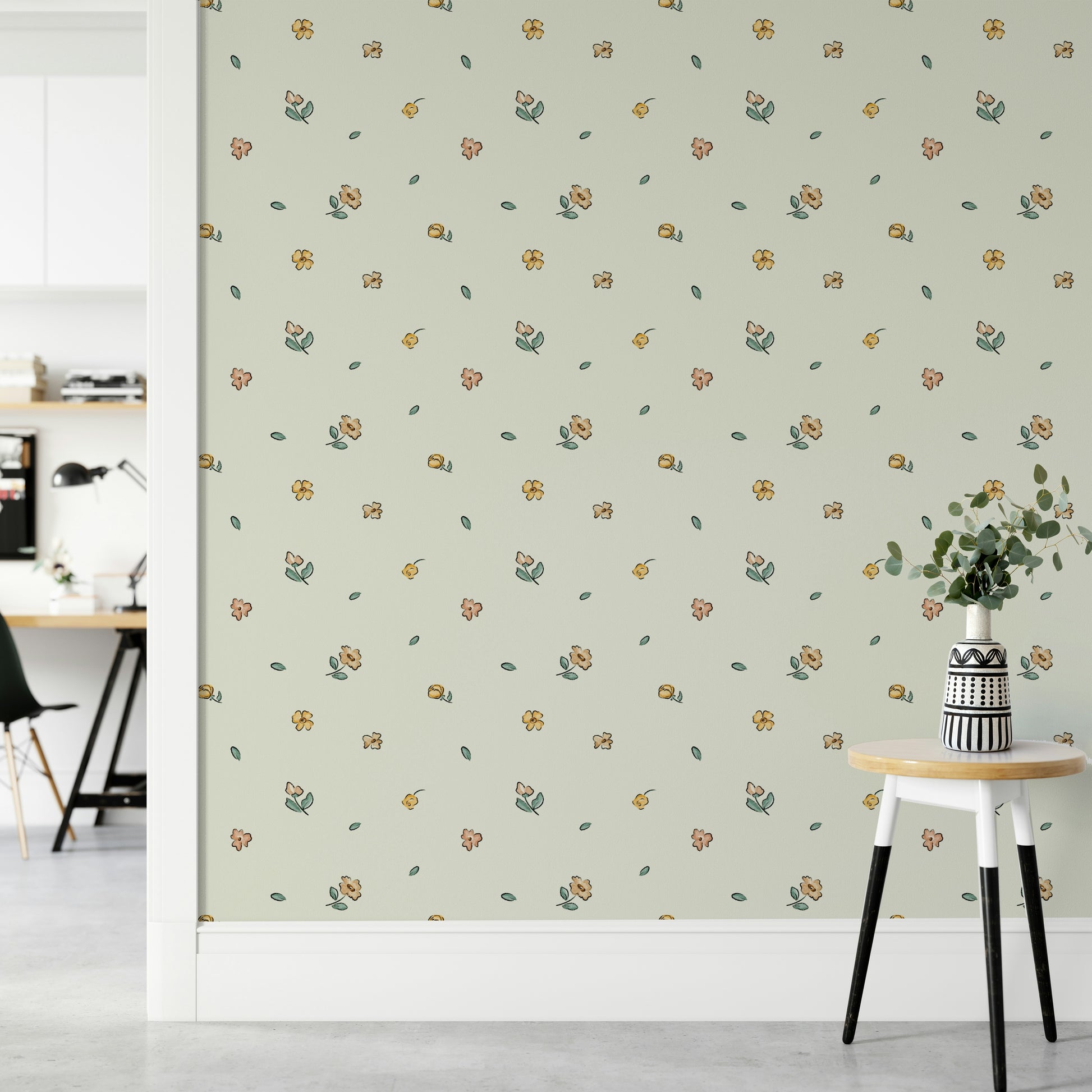 Artistic floral wall design with a gentle watercolor look

