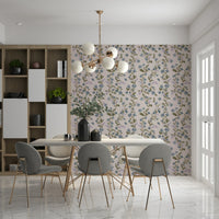 Moody olive leaves contrast Denim Dreams Floral pink background.