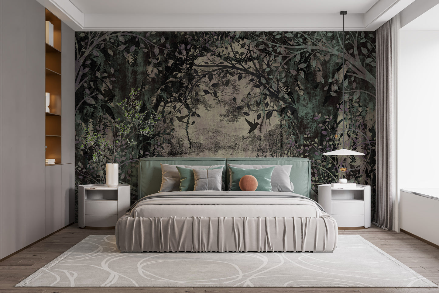 Dense forest with a dusky green wallpaper mural as a feature wall in a home office workspace