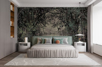 Dense forest with a dusky green wallpaper mural as a feature wall in a home office workspace