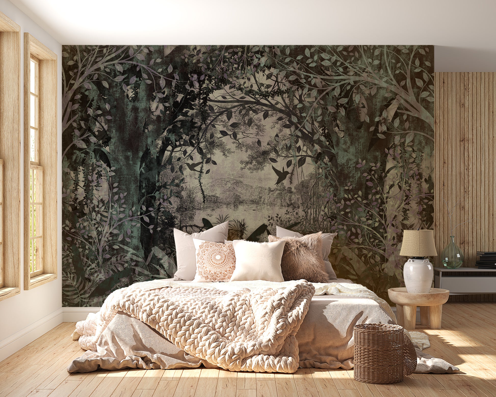 Dense forest with a dusky green wallpaper mural styled as a feature wall behind a dining table and chairs