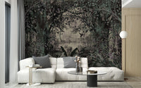 Dense forest with a dusky green wallpaper mural as a bedroom feature wall behind the headboard