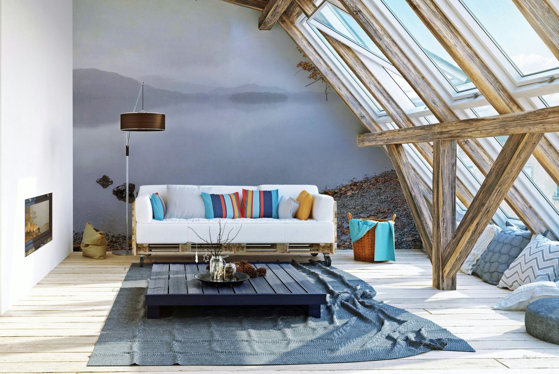 Tranquil lake scene with reflections on water

