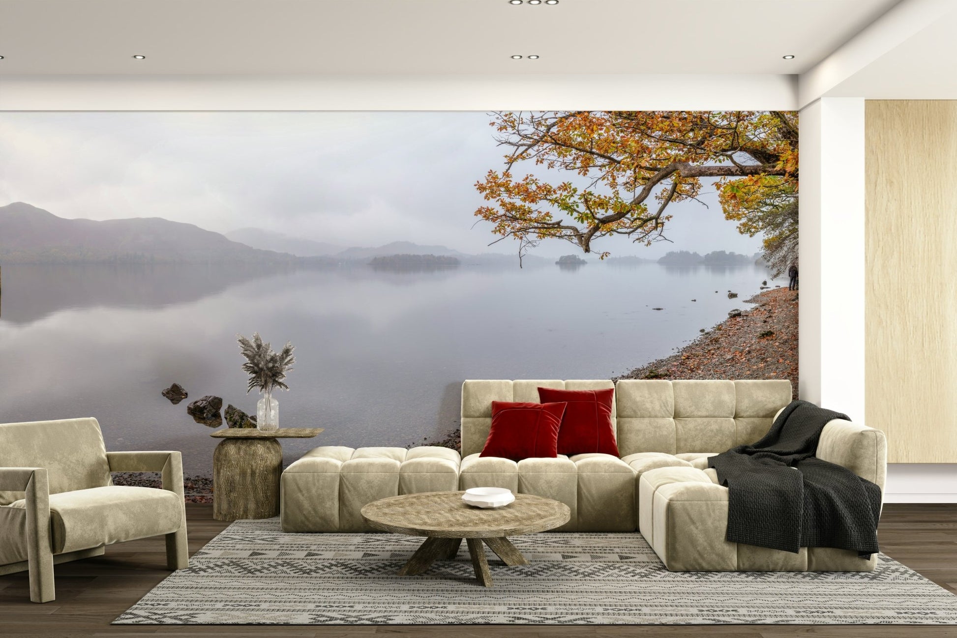 Autumn lake mural for living rooms

