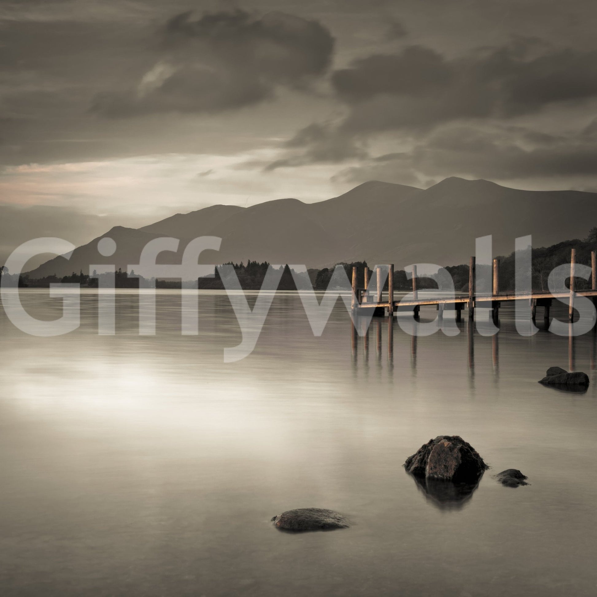Peaceful water and hills mural for entryway, light color scheme, modern wall decor