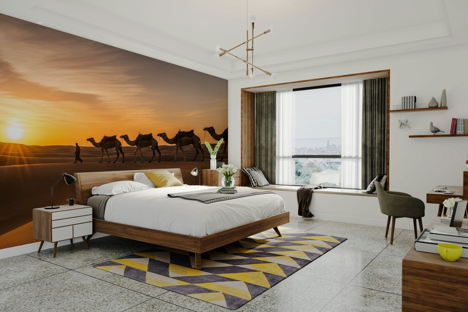 View of sand dunes and a caravan

