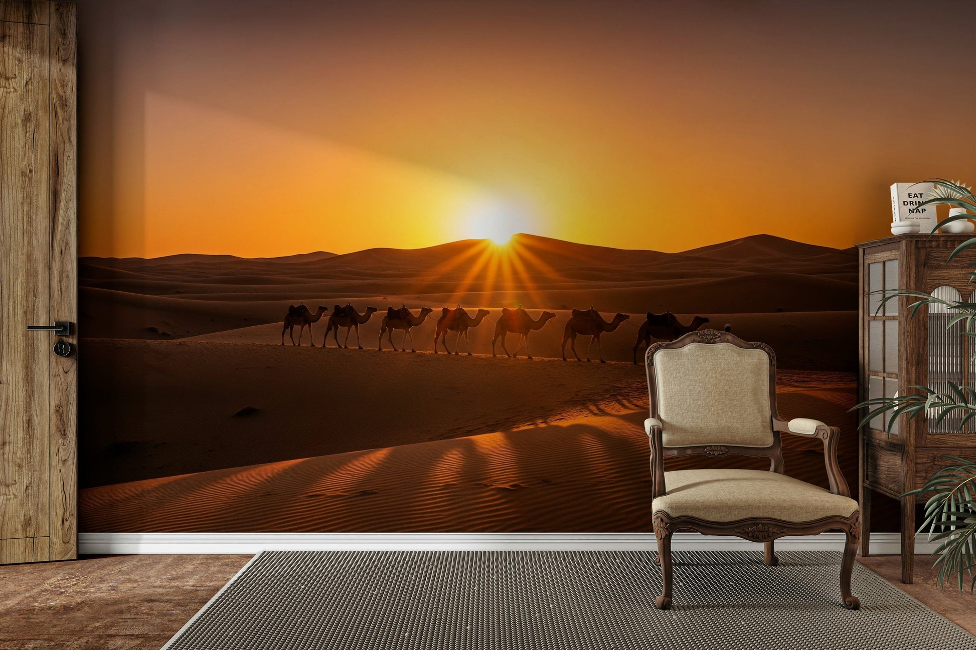 Scenic wallpaper with a line of camels

