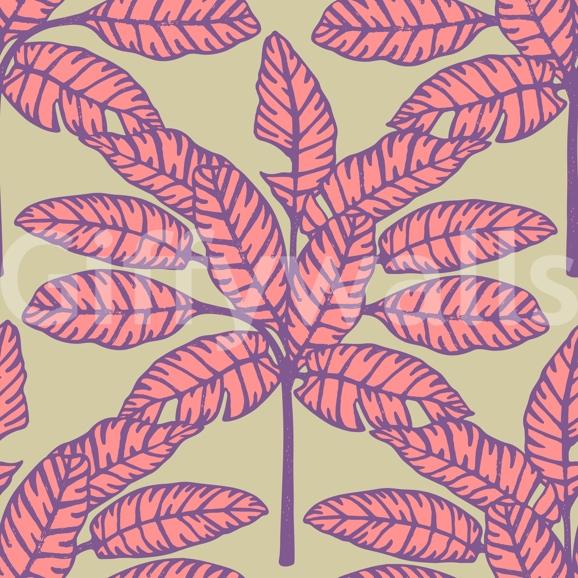 Retro desert oasis wallpaper with bold tropical leaves and pink and purple hues.

