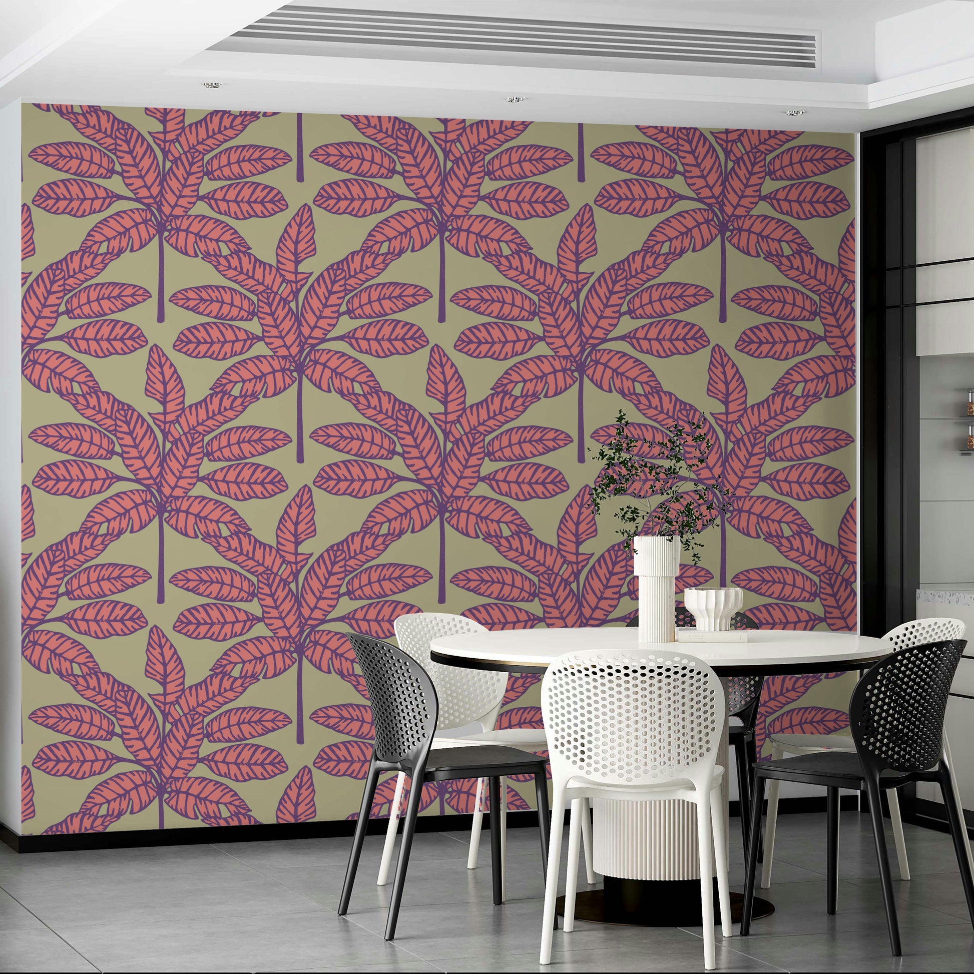 Wallpaper featuring pink, purple, and green desert leaves on a cream background.

