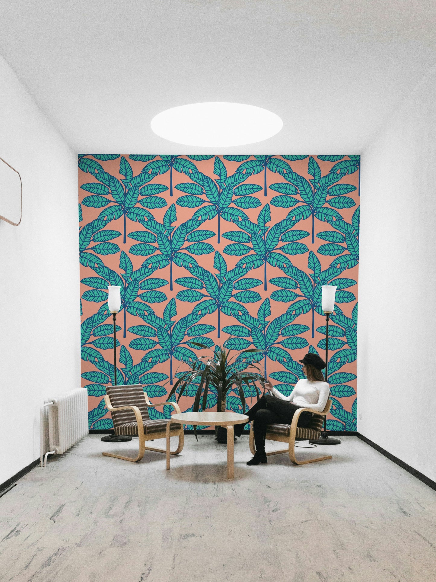 Retro tropical design with aqua blue and clay pink desert leaves.

