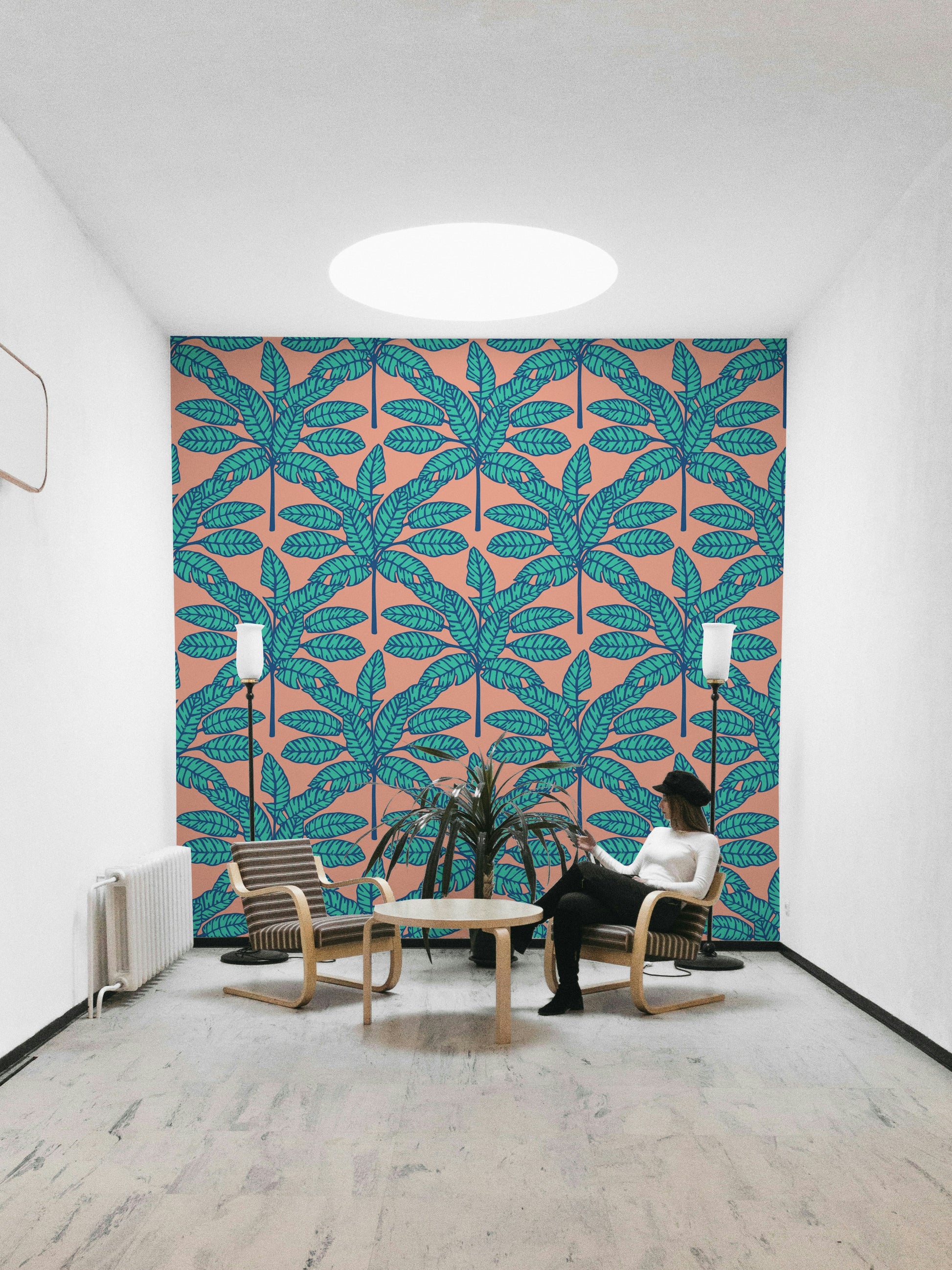 Retro tropical design with aqua blue and clay pink desert leaves.

