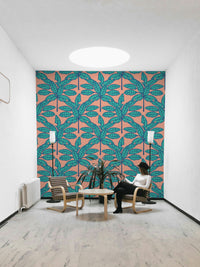 Retro tropical design with aqua blue and clay pink desert leaves.

