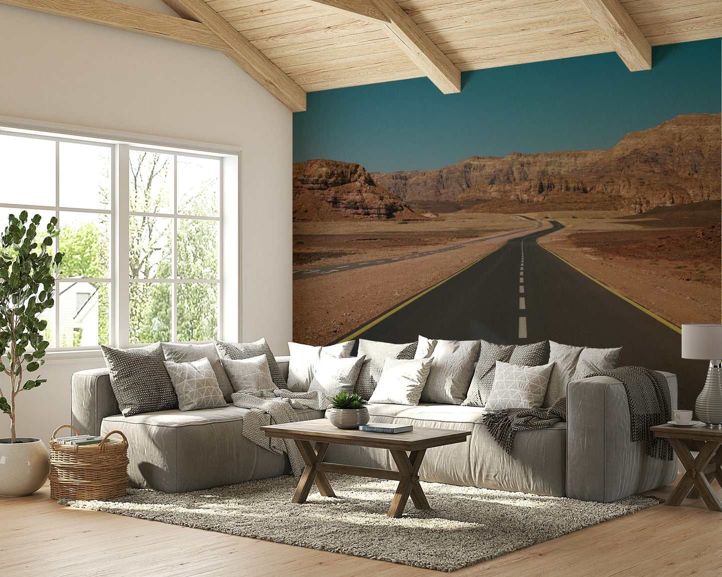 A high-angle view of the wall mural in a large space.

