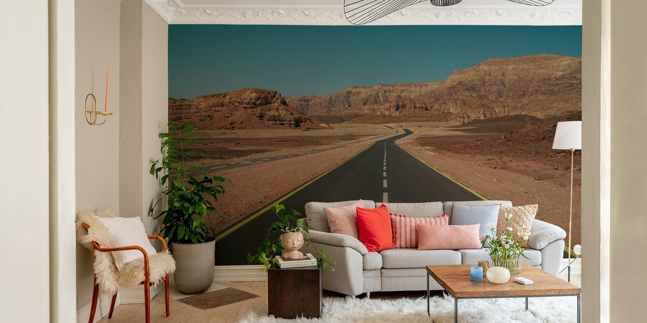 An aerial view of the desert road and mountains.

