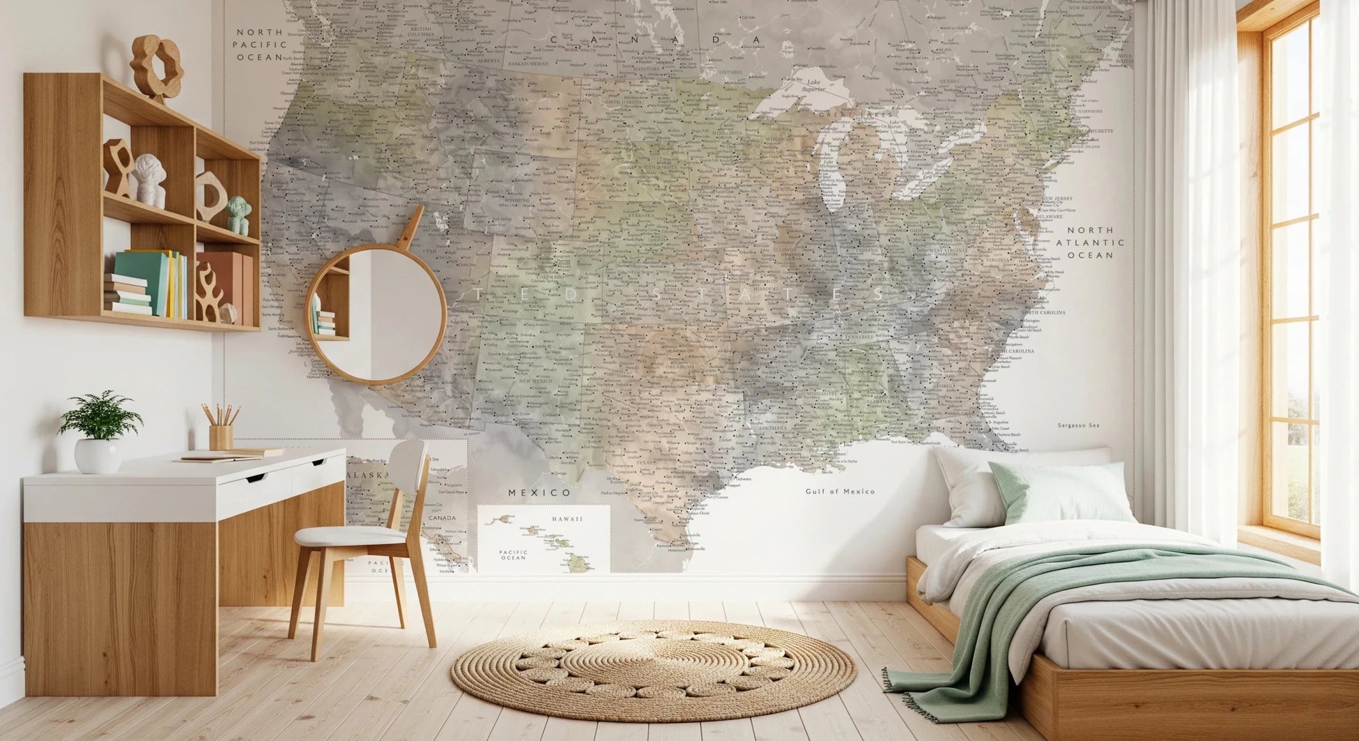 Detailed map of the USA with cities in muted watercolor, HABIKI Wall Mural