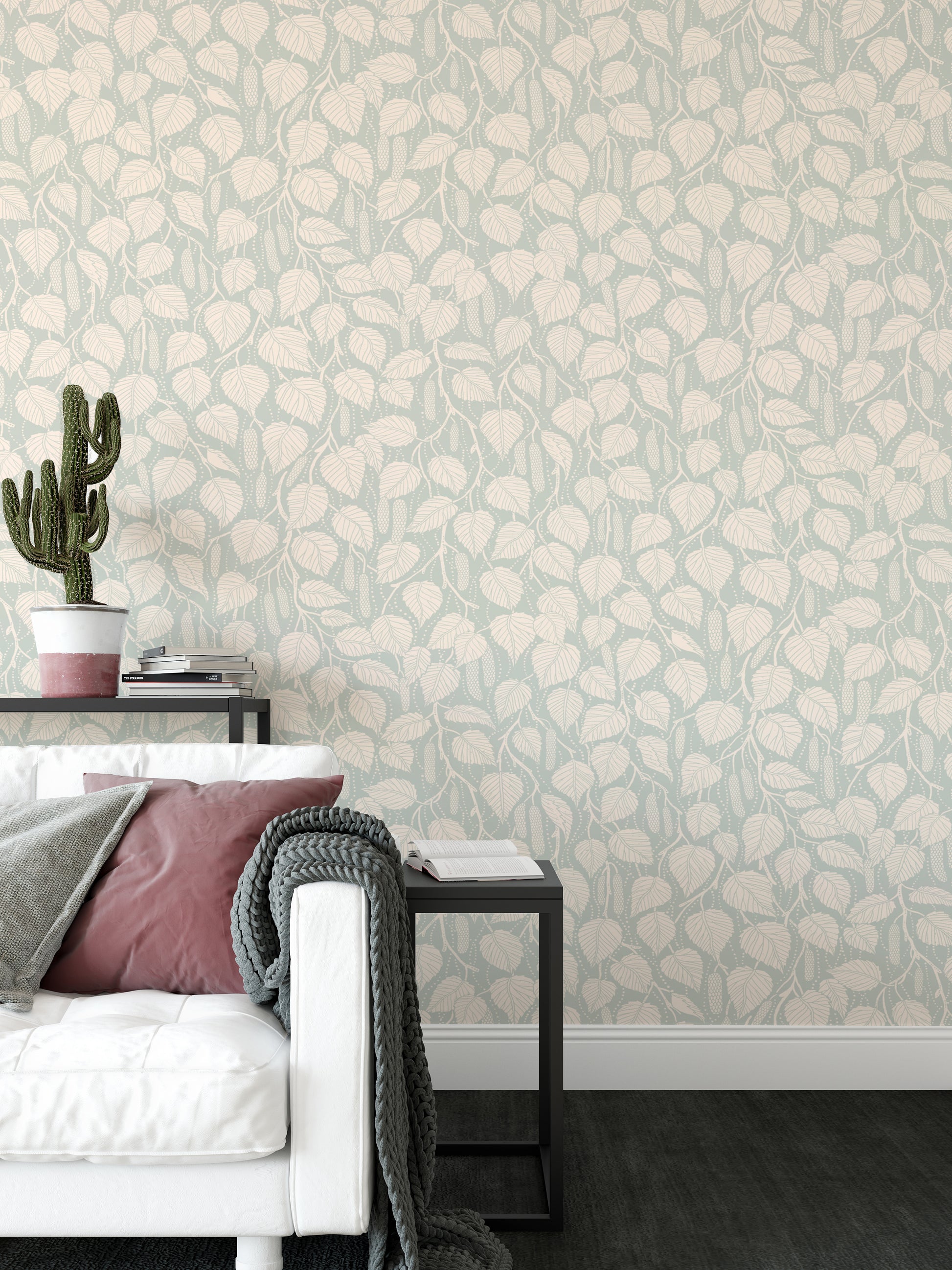 Dewy Birch Branches wallpaper in a living room with a white sofa, dusty pink pillow and a cactus
