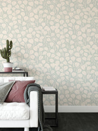 Dewy Birch Branches wallpaper in a living room with a white sofa, dusty pink pillow and a cactus