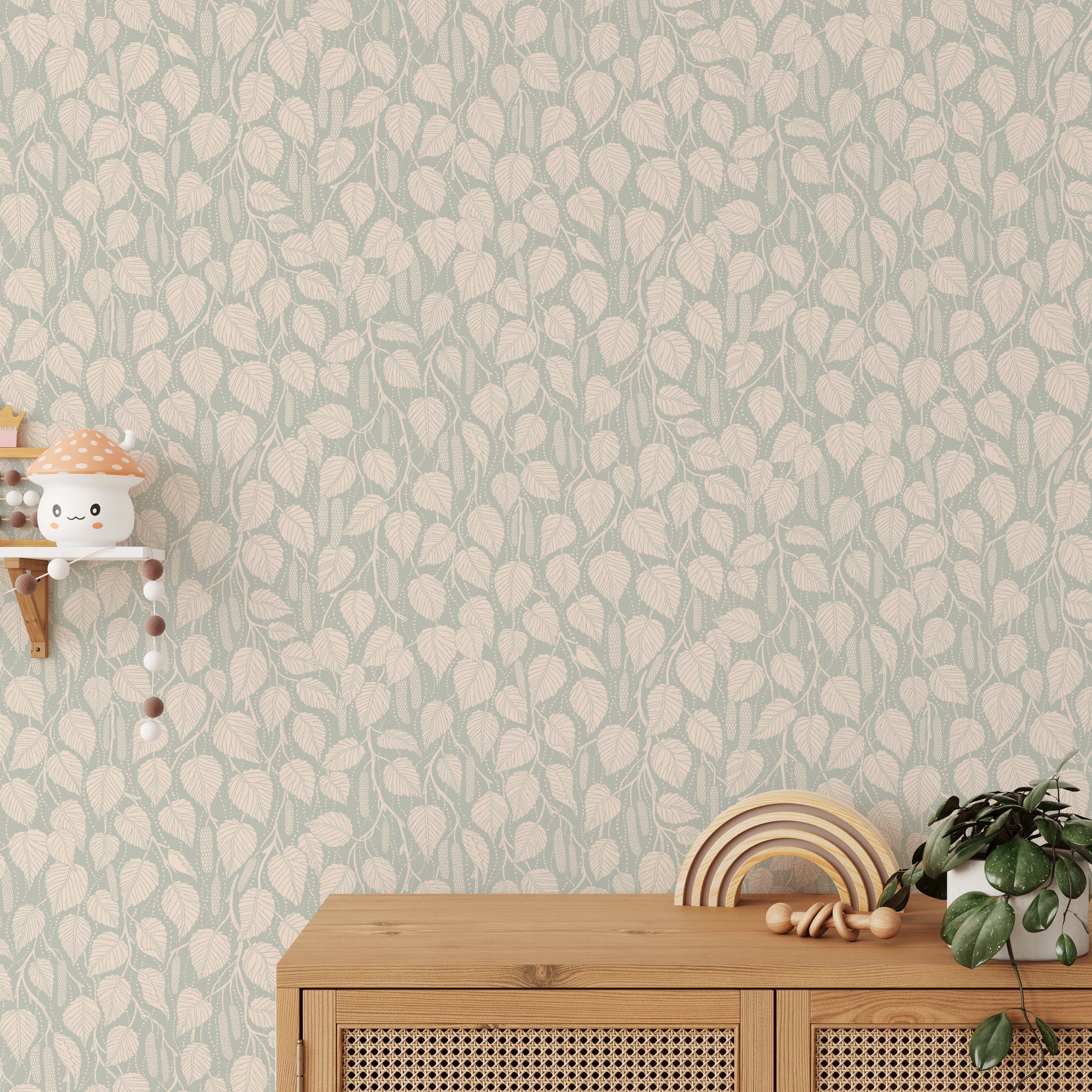 Dewy Birch Branches wallpaper in a kids room with a cane sideboard, rainbow stacker and mushroom shelf