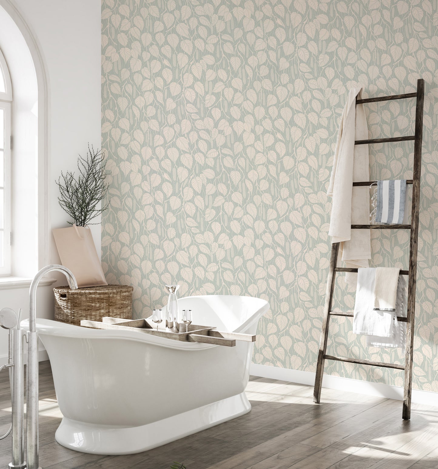 Dewy Birch Branches wallpaper in a bathroom with a white freestanding tub and a wood towel ladder
