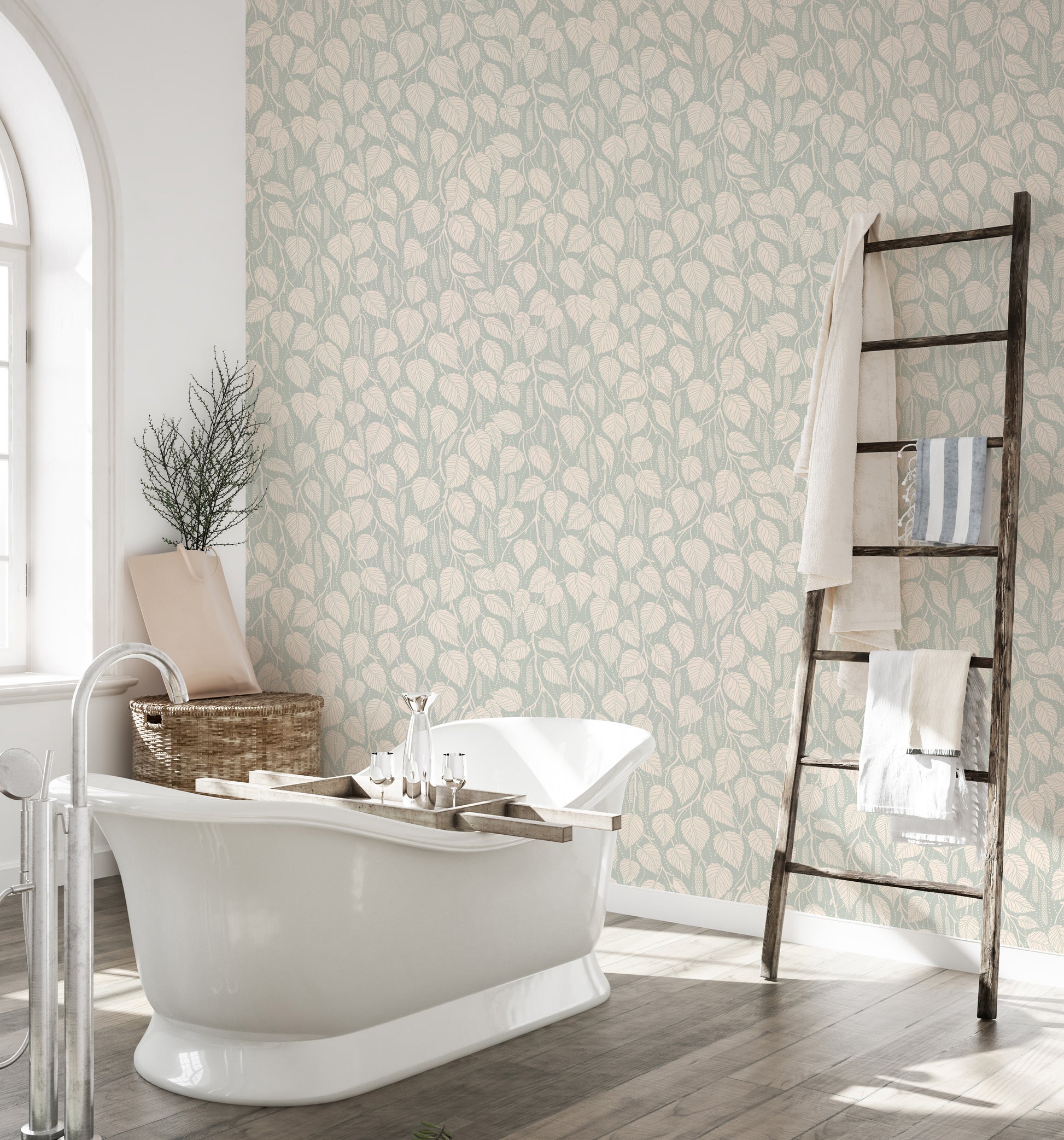 Dewy Birch Branches wallpaper in a bathroom with a white freestanding tub and a wood towel ladder