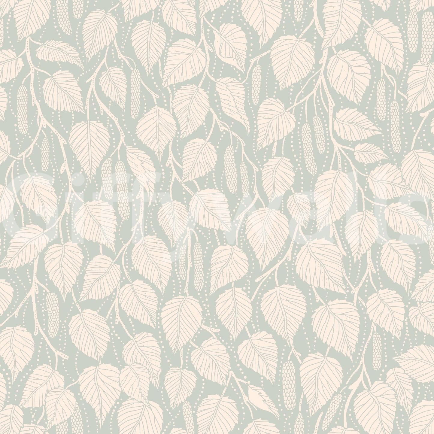 Dewy Birch Branches wallpaper close-up showing cream birch leaves on a soft sage green ground