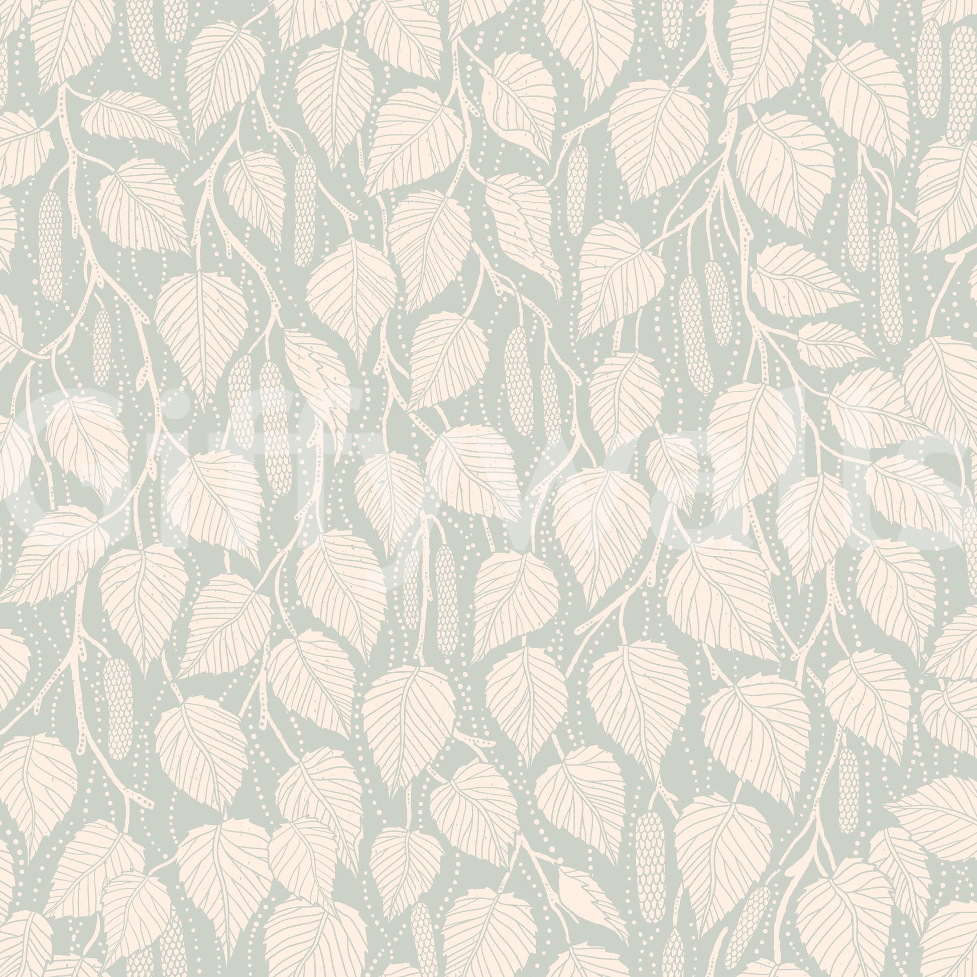 Dewy Birch Branches wallpaper close-up showing cream birch leaves on a soft sage green ground