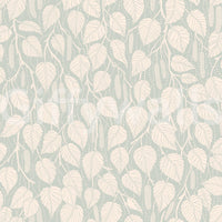 Dewy Birch Branches wallpaper close-up showing cream birch leaves on a soft sage green ground