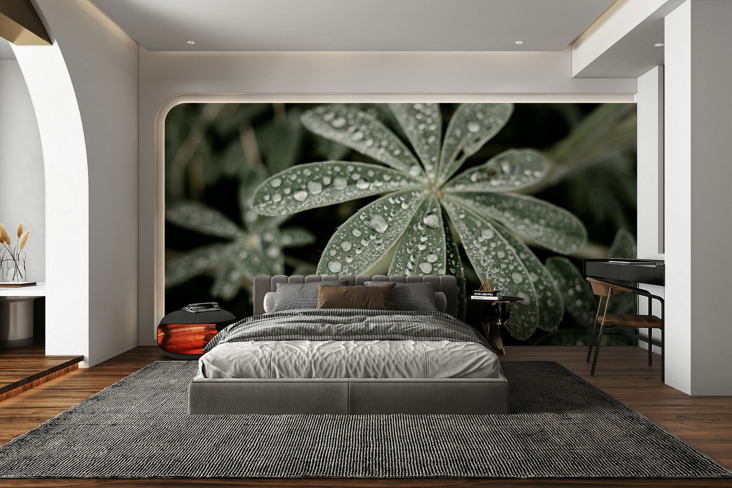 A detail shot of the elegant lines in the wallpaper.