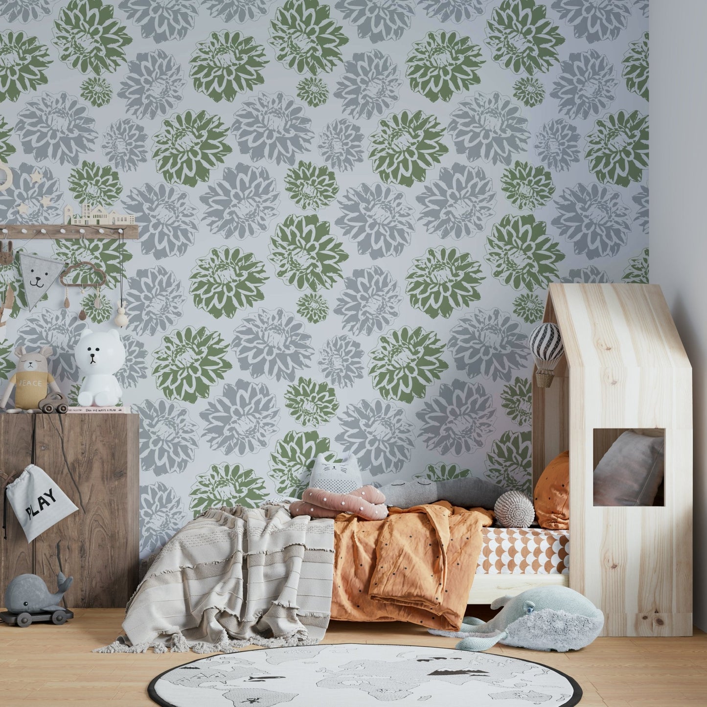 Dhalias green and blue mural for a living room.

