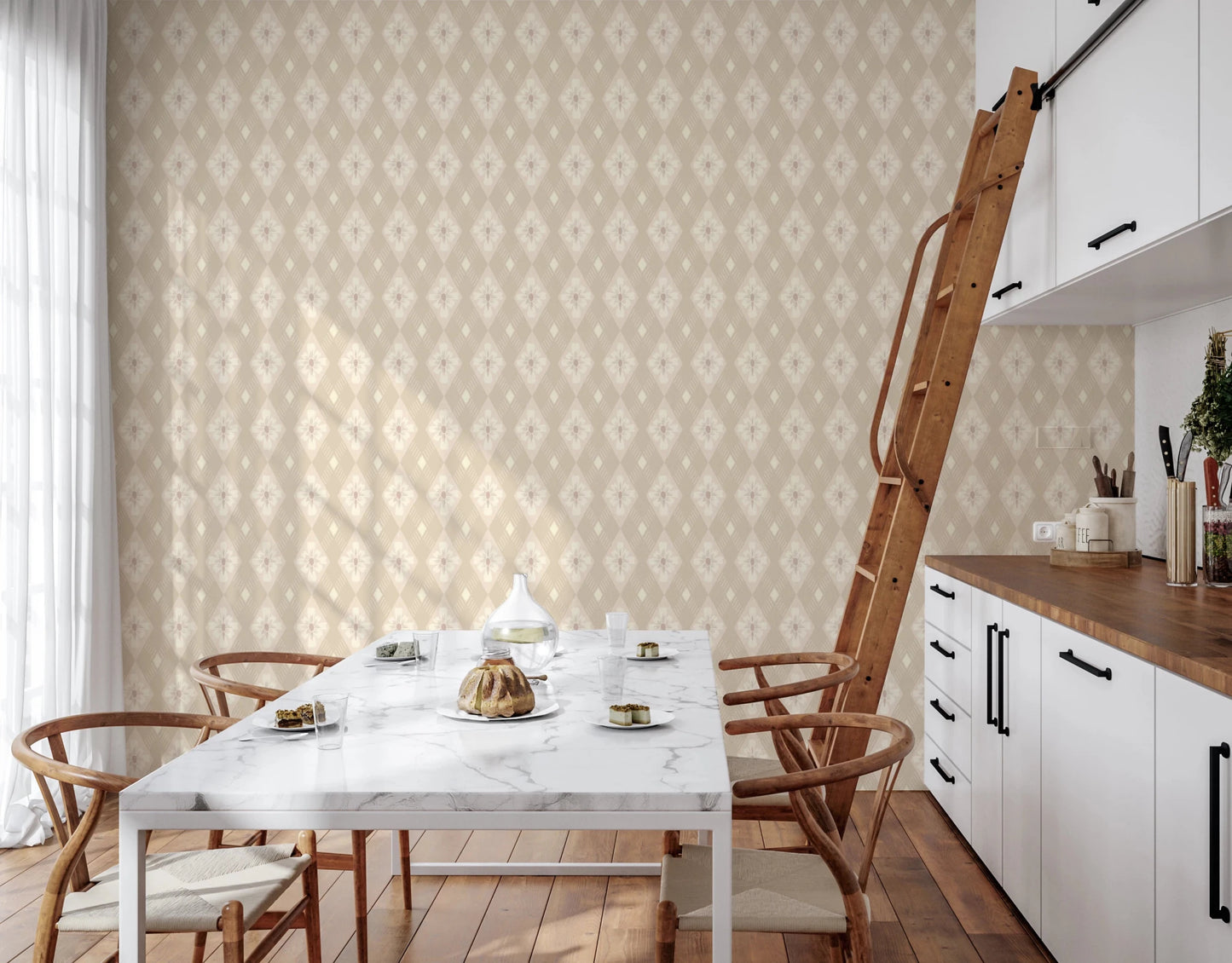 Diamond Bloom wallpaper with a beige floral diamond motif behind a marble dining table and wishbone chairs in a kitchen
