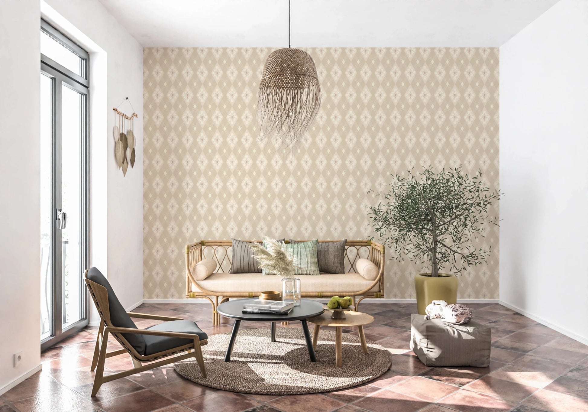 Diamond Bloom wallpaper with a beige floral diamond motif behind a rattan daybed sofa and olive tree in a living room