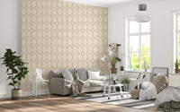 Diamond Bloom wallpaper with a neutral floral harlequin motif behind a grey sofa and white wire chair in a Scandi living room