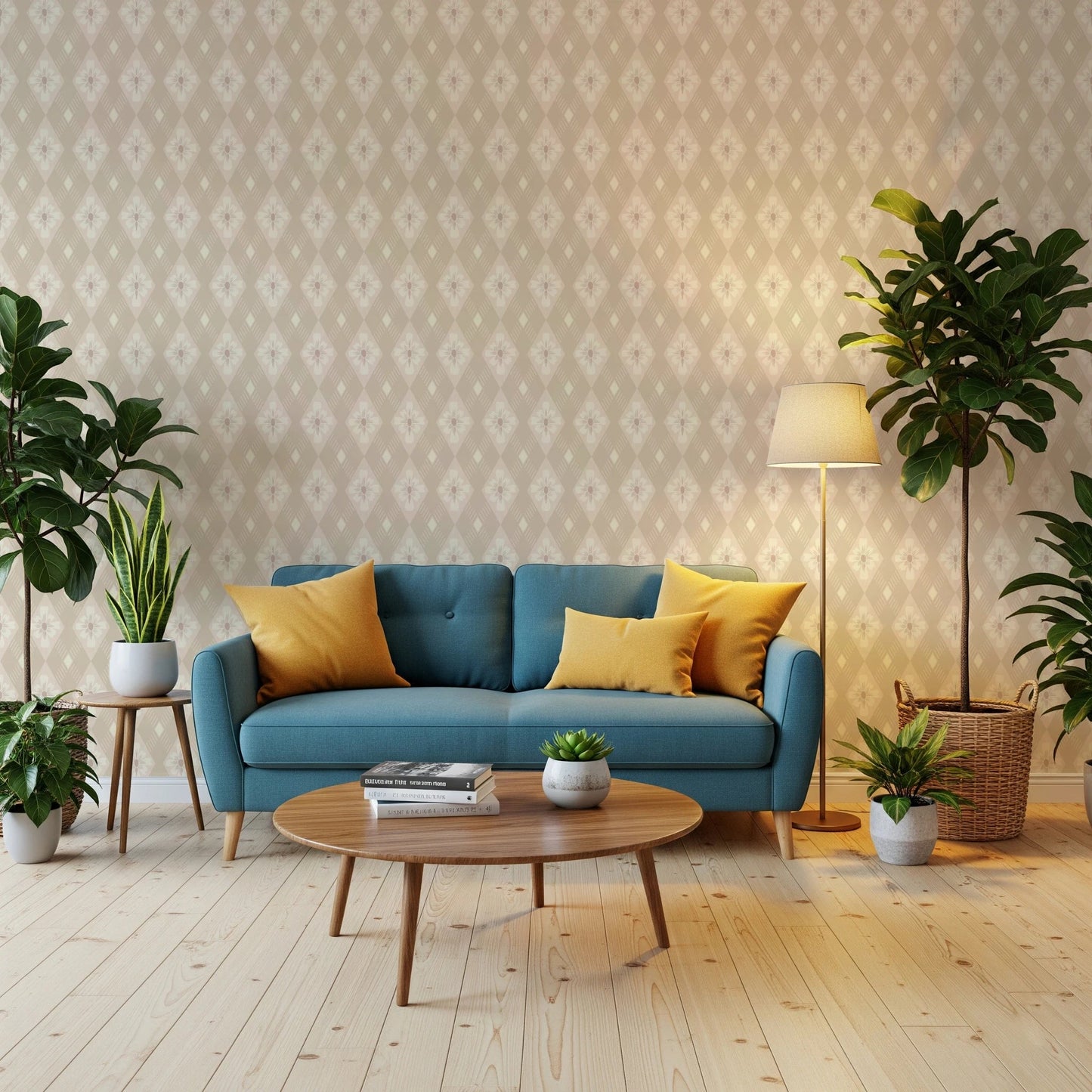 Diamond Bloom wallpaper in beige floral diamond pattern behind a teal sofa with yellow pillows and fiddle-leaf plants