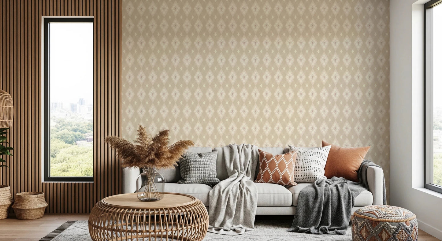 Diamond Bloom wallpaper in cream diamond floral pattern behind a grey sofa by a wood-slat wall in a cozy living room