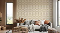 Diamond Bloom wallpaper in cream diamond floral pattern behind a grey sofa by a wood-slat wall in a cozy living room