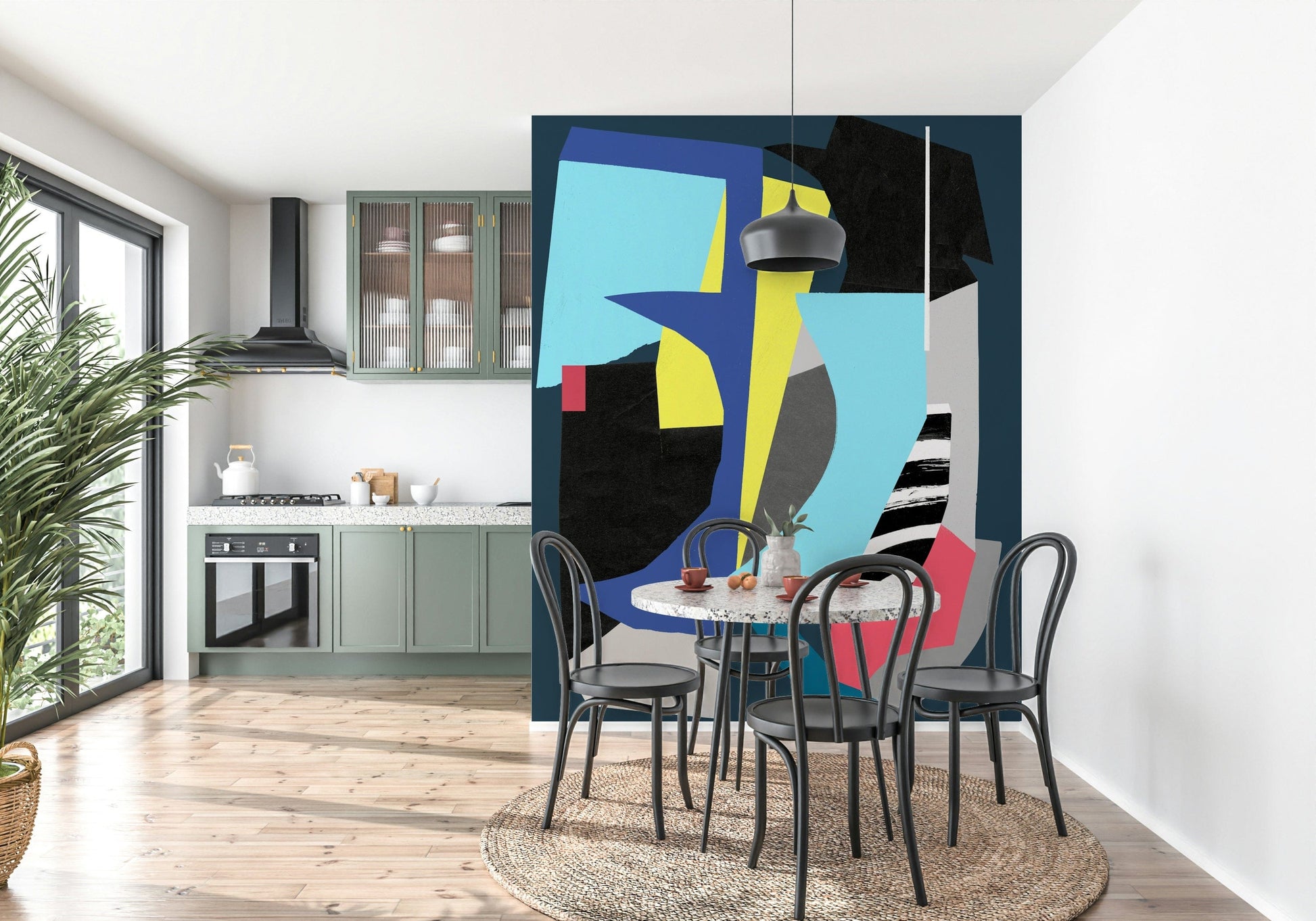 A graceful subtle block wall mural in cool, blue tones.