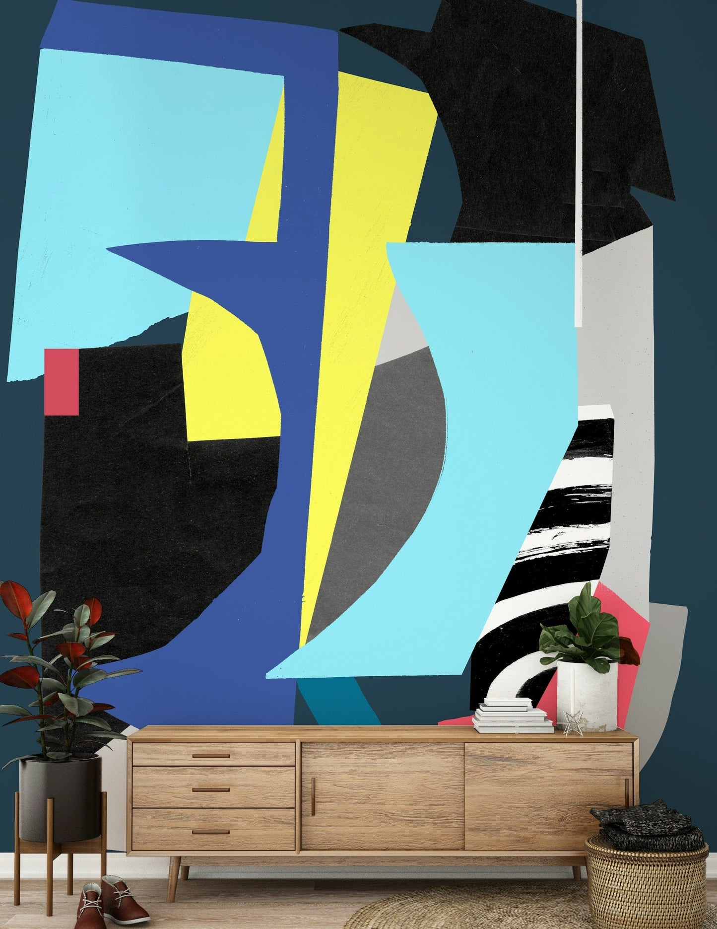 An artistic modern block mural on minimalist wallpaper.