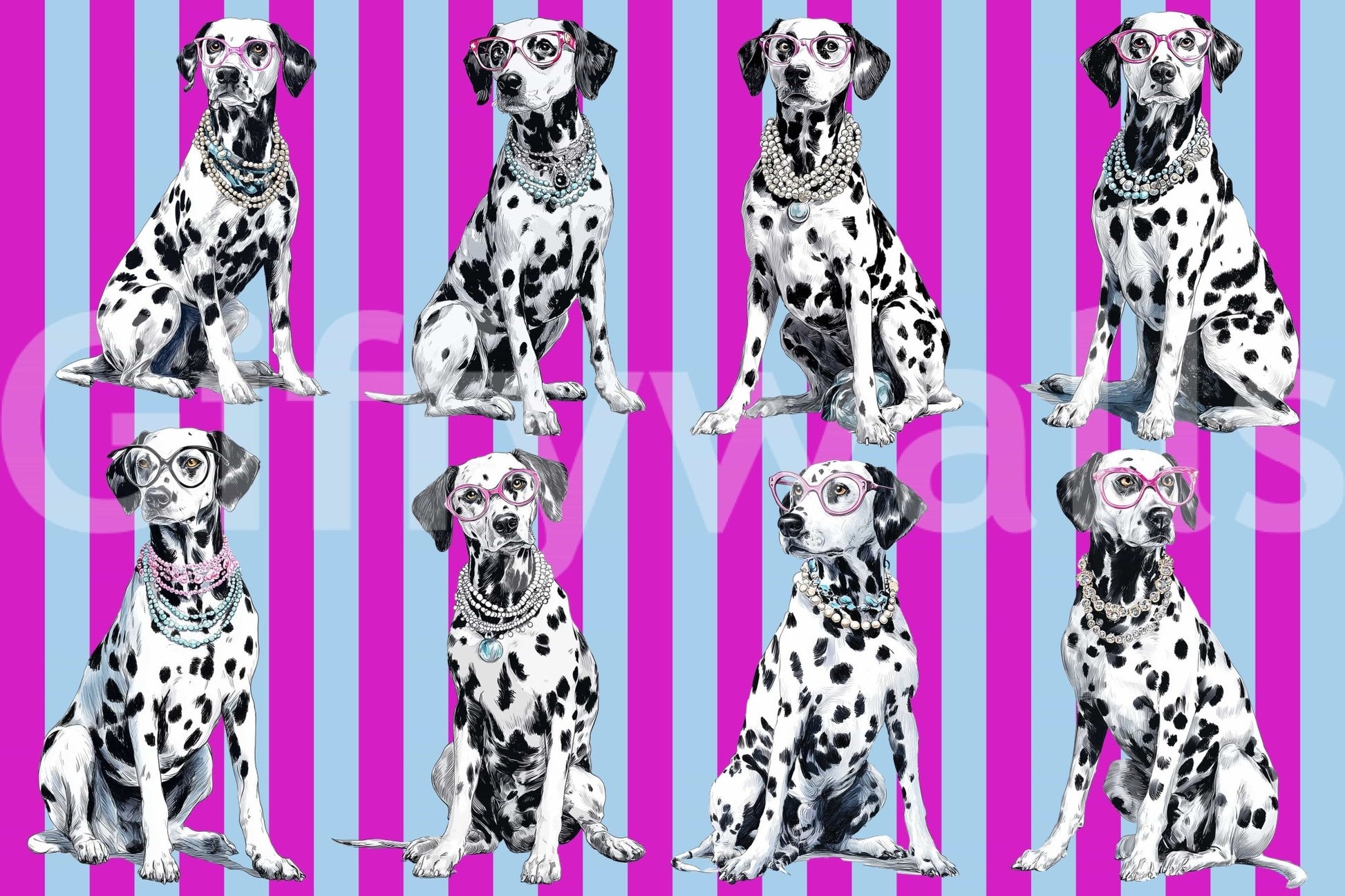 Diamond Dalmata wallpaper mural showing spotted dalmatians in glasses and pearls on pink and blue stripes